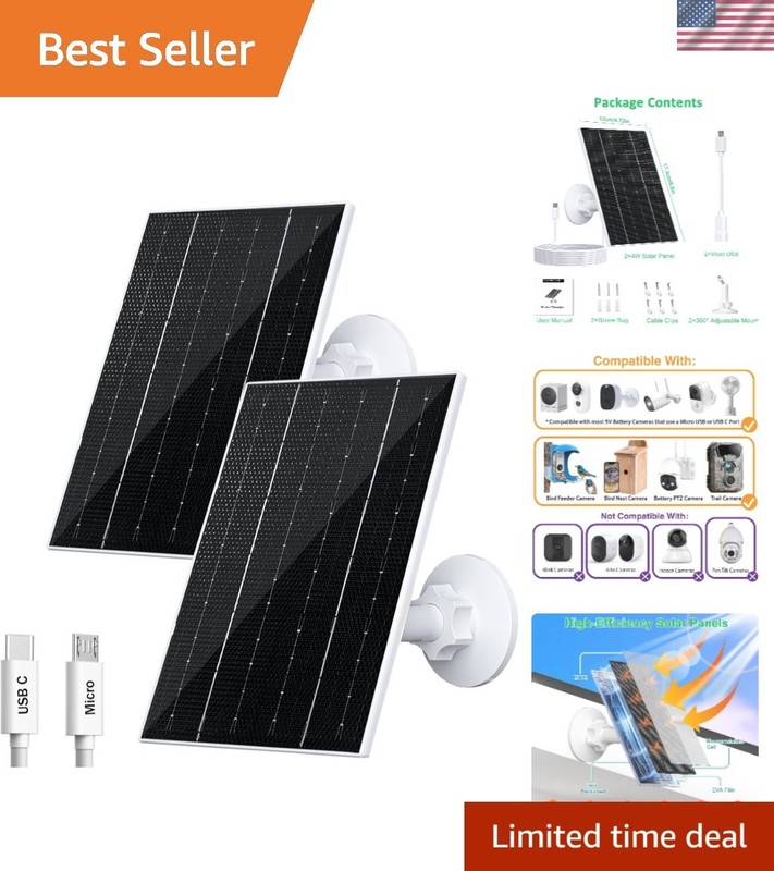 4W Solar Panel for Security Cameras – Waterproof, 2 Pack with Adjustable Mounts
