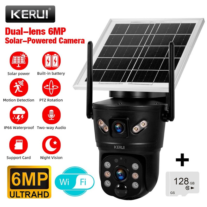 6MP Solar Camera WIFI Solar Panel Dual Lens Camera Home Security Cam + 128G Card