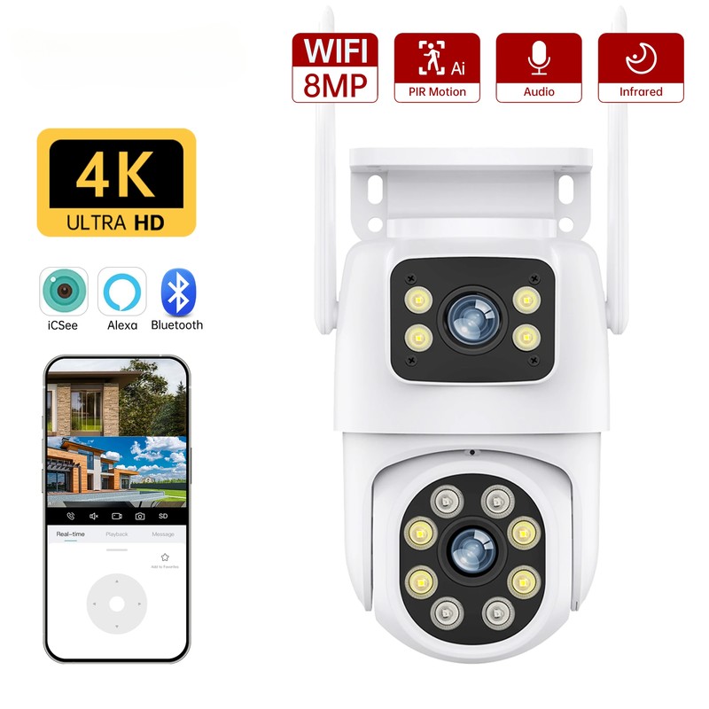 8MP 4K Wifi PTZ Camera Dual Len HD 10MP 5K Auto Tracking Wireless Outdoor Camera