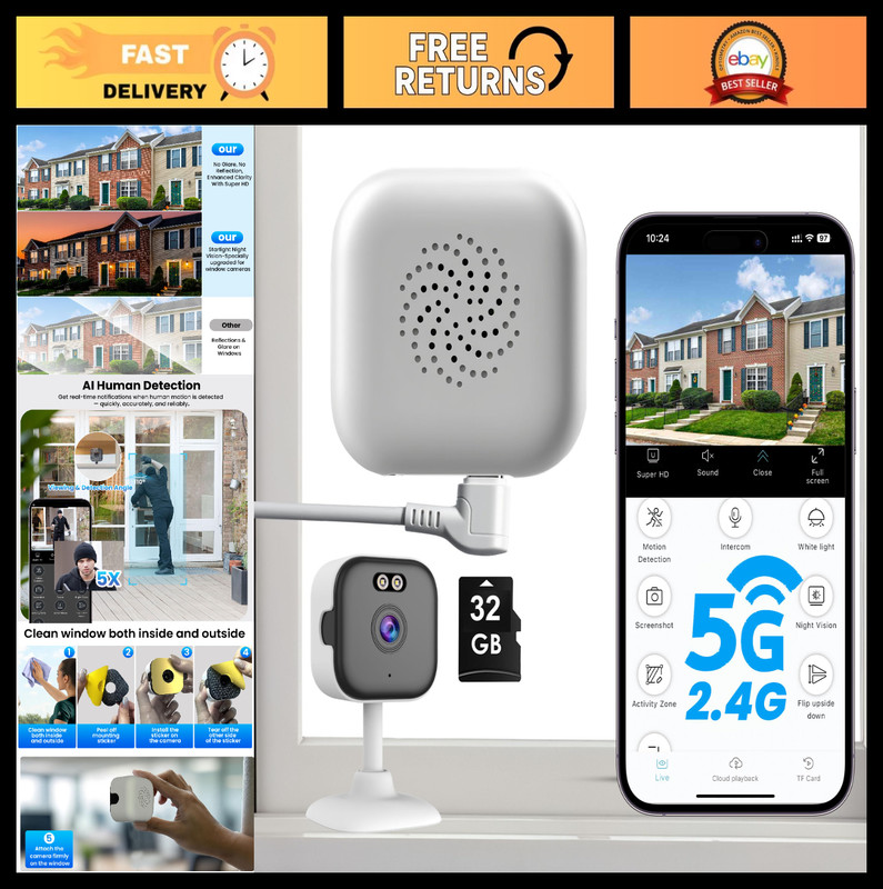 2K Indoor Security Camera with 32GB Card, WiFi, AI Night Vision & Motion Detecti