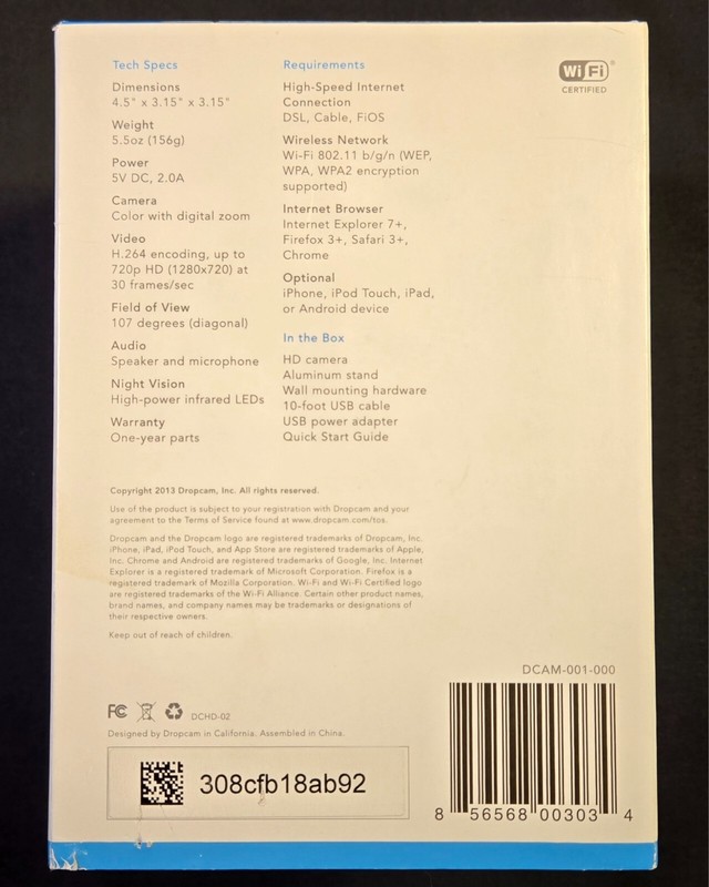 Dropcam HD Wi‑Fi Video Monitoring Camera – Factory Sealed – 720p HD Security Cam gallery