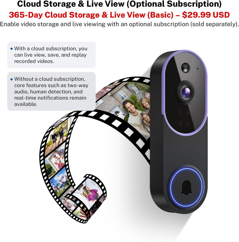 Smart 1080P Video Doorbell Camera with Night Vision, Live View, AI Human Detecti gallery