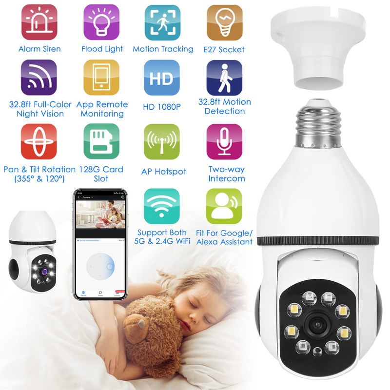 New E27 WiFi Bulb Camera with 1080P FHD and Motion Tracking, White gallery