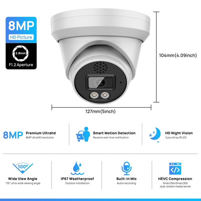 VIKYLIN Turret POE IR30M 6MP/8MP 4K Security IP CAMERA with audio Outdoor Onvif gallery