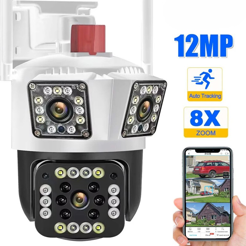 12MP 6K WiFi Security Camera Outdoor Three Lens PTZ Cam Auto Tracking Smart CCTV