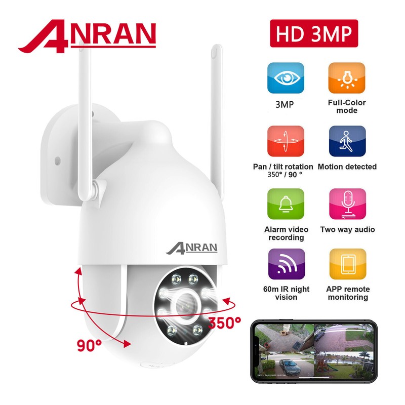 ANRAN 3MP Wifi Security Camera Wireless PTZ Dome Home Outdoor Indoor 2Way Audio