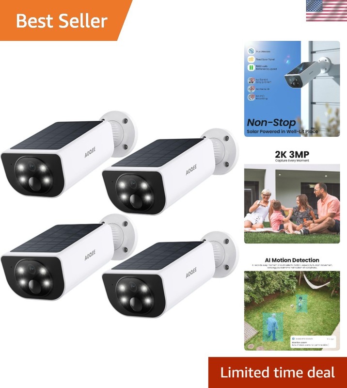 Solar-Powered 2K Security Camera with Color Night Vision & Two-Way Audio, 4 Pack