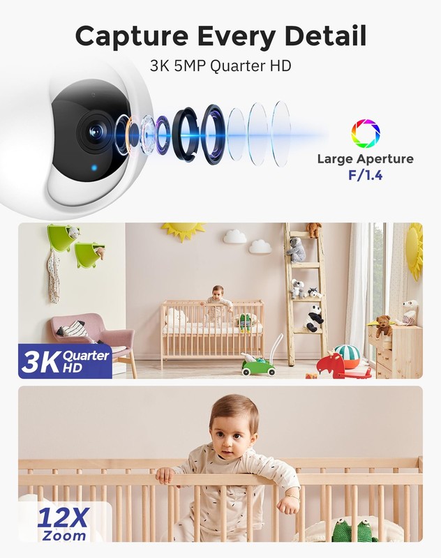 Hugolog 3K 5MP Indoor Pan/Tilt Security Camera with Auto-Focus,Ideal for Baby... gallery