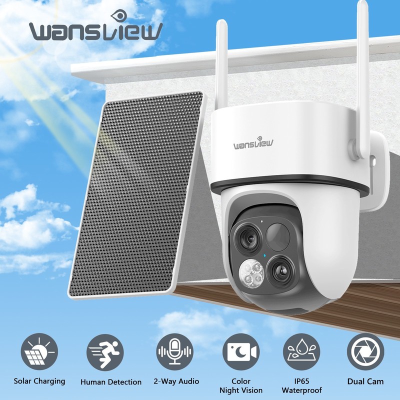 Wansview 2K 3MP Dual-Cam Solar Security Camera Wireless 360°View Human Detection