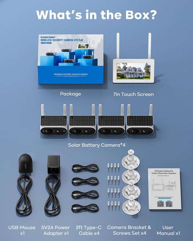 Solar Security Cameras Wireless Outdoor, with 7Inch Touch Monitor NVR 64GB, 4MP/ gallery