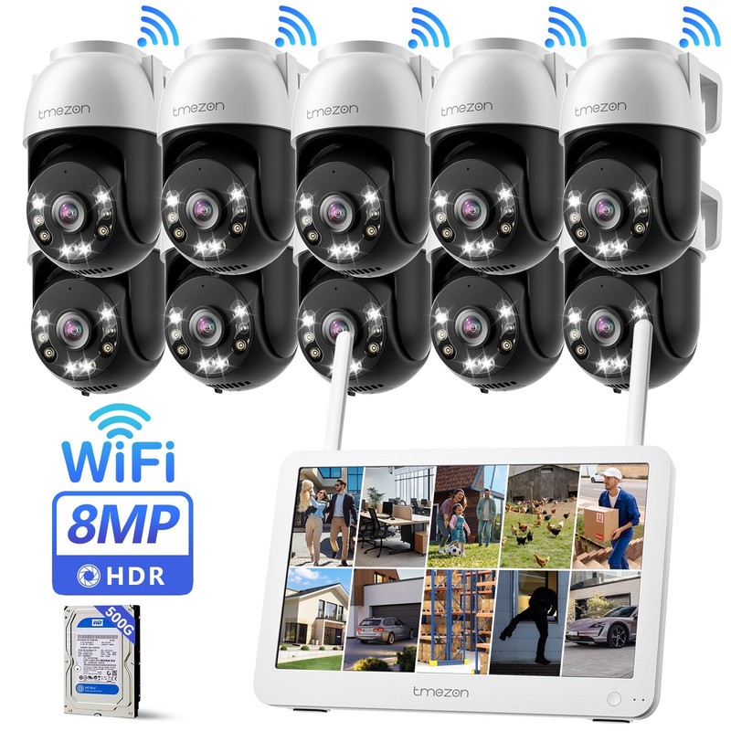 8MP Wireless Home Security Camera System WiFi Outdoor 360° PTZ 12'' Monitor 2TB gallery