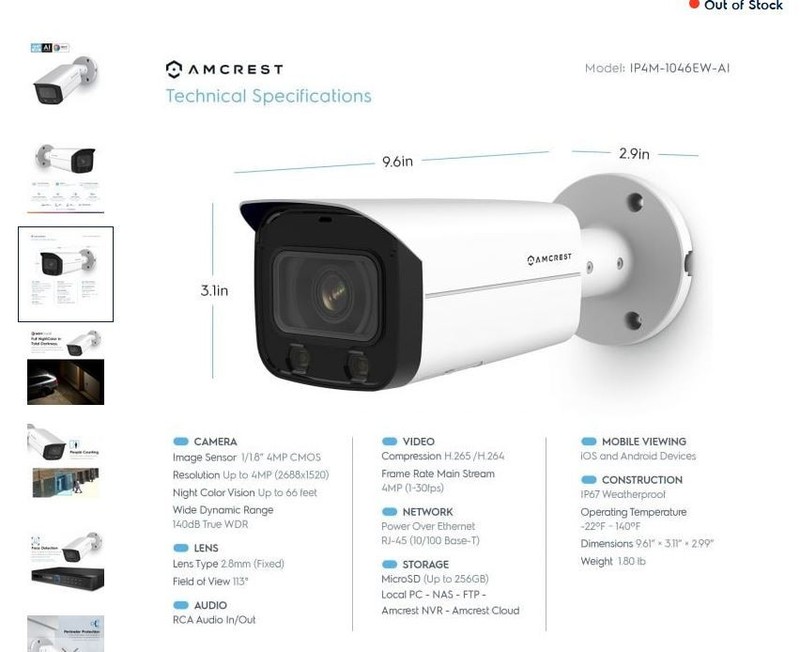 Amcrest IP4M-1046EW-AI (4MP) Bullet PoE IP Security Camera 2.8MM - White Light gallery
