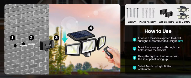 IP65 Waterproof Triple Head Outdoor Solar Light, 210LED 2500LM Motion Sensor gallery
