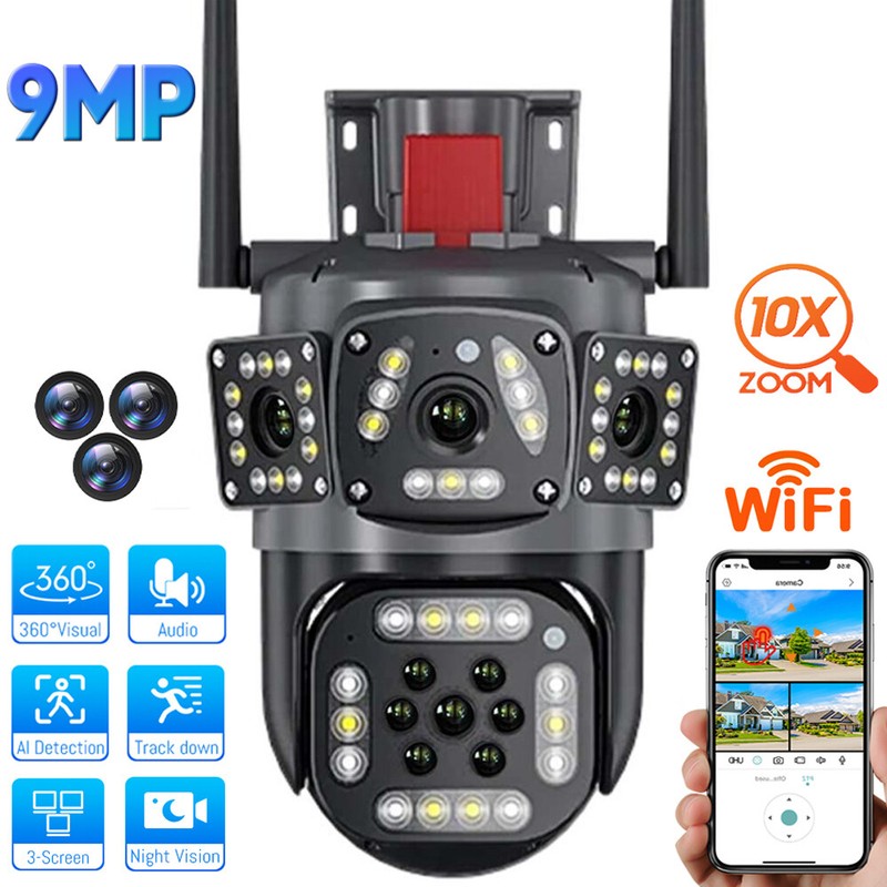 WiFi10X Zoom 3 Lens 3 Screens 360° Security Camera System Outdoor W/ 32G Card gallery