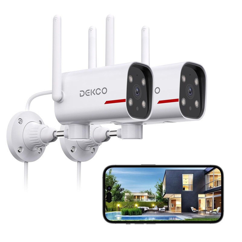 DEKCO 2 Pack Outdoor Security Camera with 2K Color 2 Count (Pack of 1), White