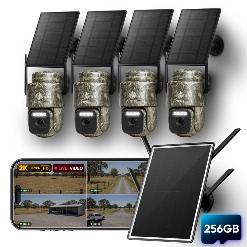 4G Solar Surveillance System 2K PTZ Cameras NVR Hub Single SIM 4-Cam View 256GB