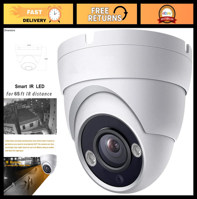 5MP HD Analog Coax Dome CCTV Security Camera, 100° Wide Angle, 65ft IR Night Vis