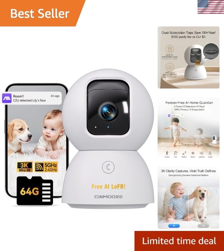 High-Tech 3K Pet Monitor Camera with 64GB SD Card & Night Vision Capabilities