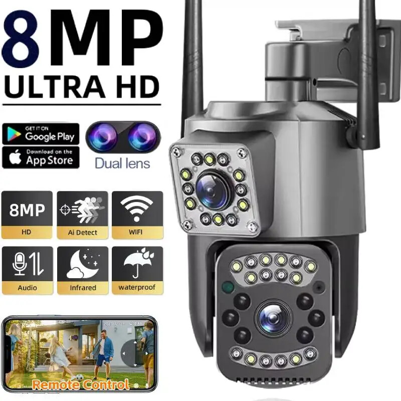 8MP 4K WIFI IP Camera Dual Len PTZ Night Vision CCTV Security Protection Monitor