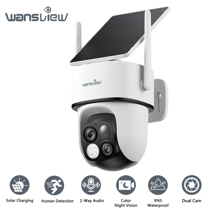 Wansview 2K 3MP Solar Security Camera Wireless 360°PTZ Dual-Cam Human Detection