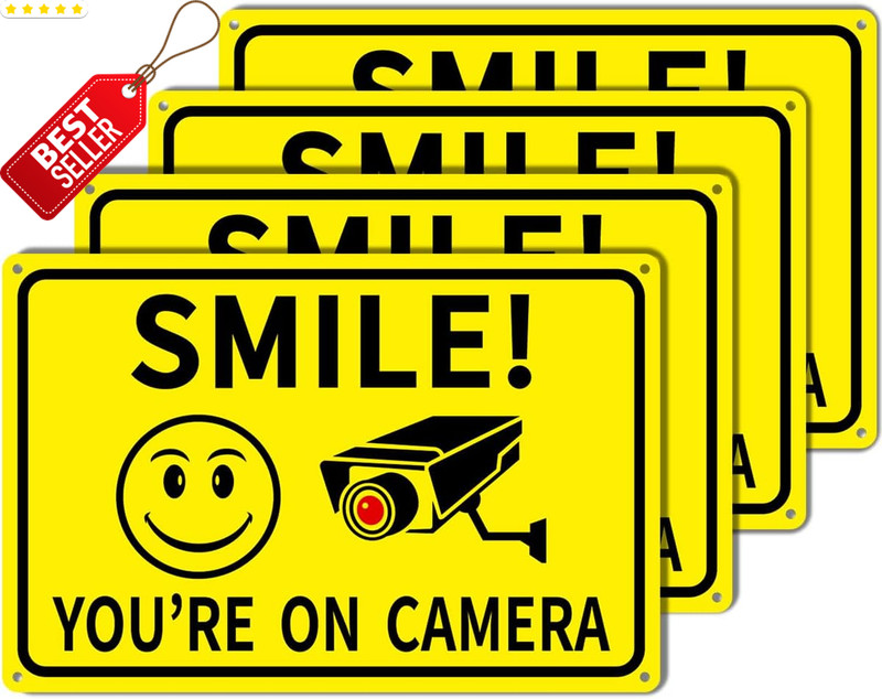 4 Pack Smile You’re on Camera Sign 8×12 Aluminum CCTV Security Signs – US