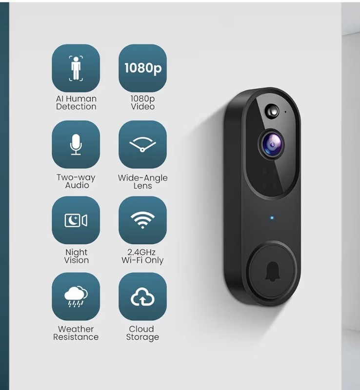 Smart Wi-Fi Doorbell Camera. 2.4GHz, black, night vision, human detection. gallery