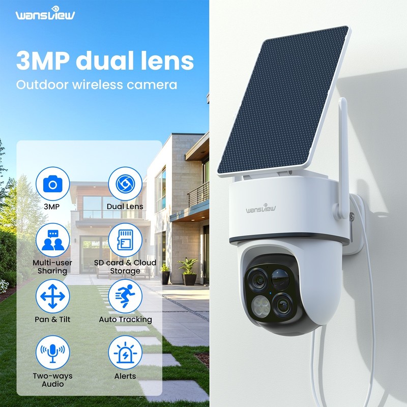 Wansview Solar Wireless Security Camera 360°PTZ 2K Dual-Cam Color Night Vision