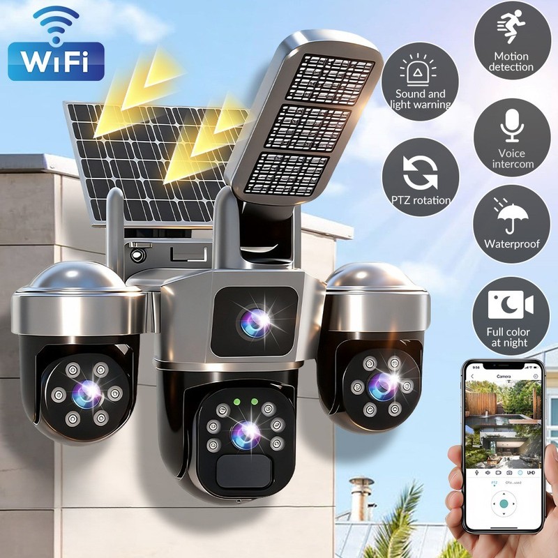 WiFi 9MP Solar Security Camera Outdoor PTZ CCTV 3 Lens Camera Motion Detection