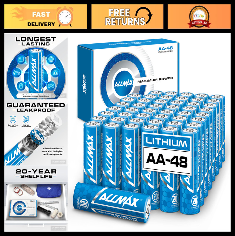 48 Count Lithium AA Batteries – 1.5V, 20-Year Shelf Life, Leakproof, Ideal for S