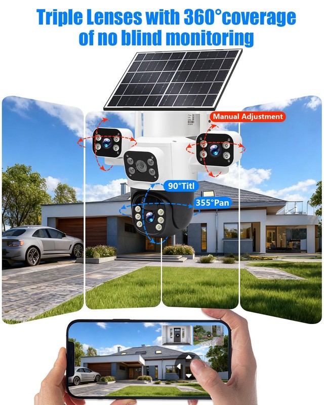 Triple-Lens Solar Camera Wireless Outdoor PIR Human Detect and Auto Track gallery