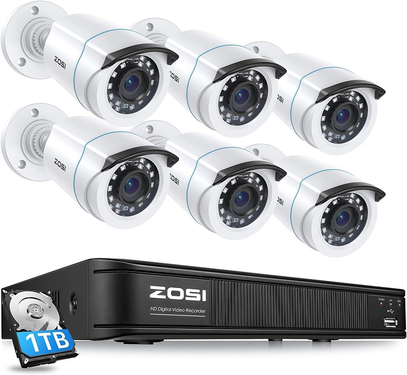 ZOSI 1080p Home Security Camera System H.265+ 5MP Lite 8CH 1TB DVR and 6xCameras