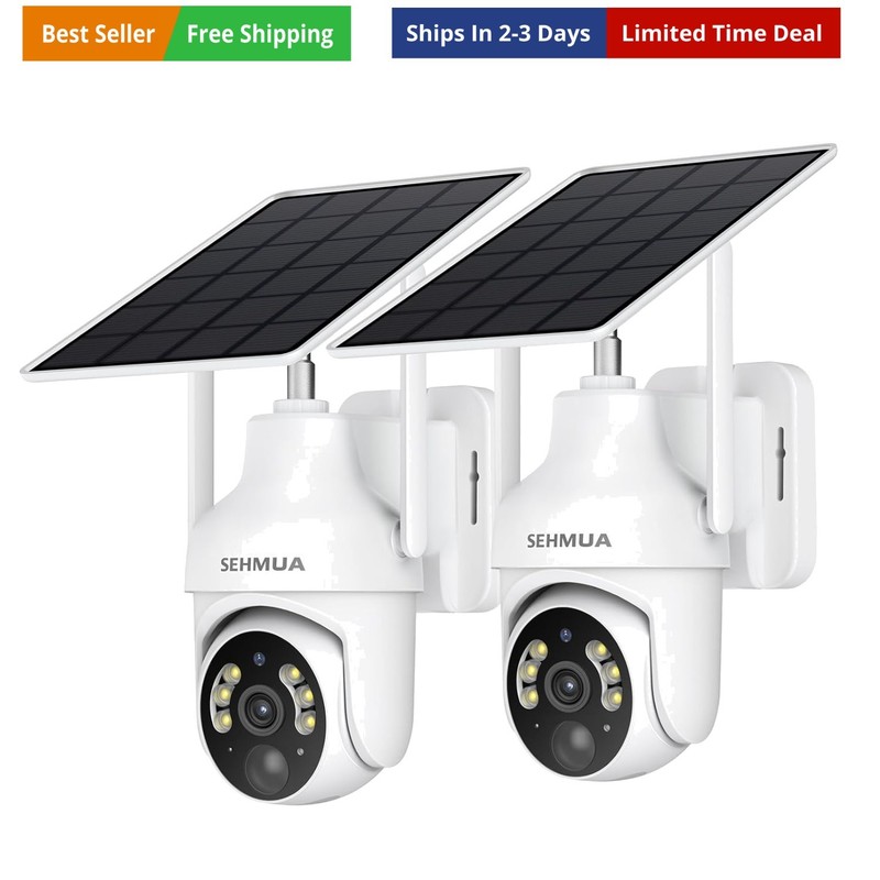 2K Solar Security Cameras Wireless Outdoor, 2 Pack 360° View Pan/Tilt WiFi Se…