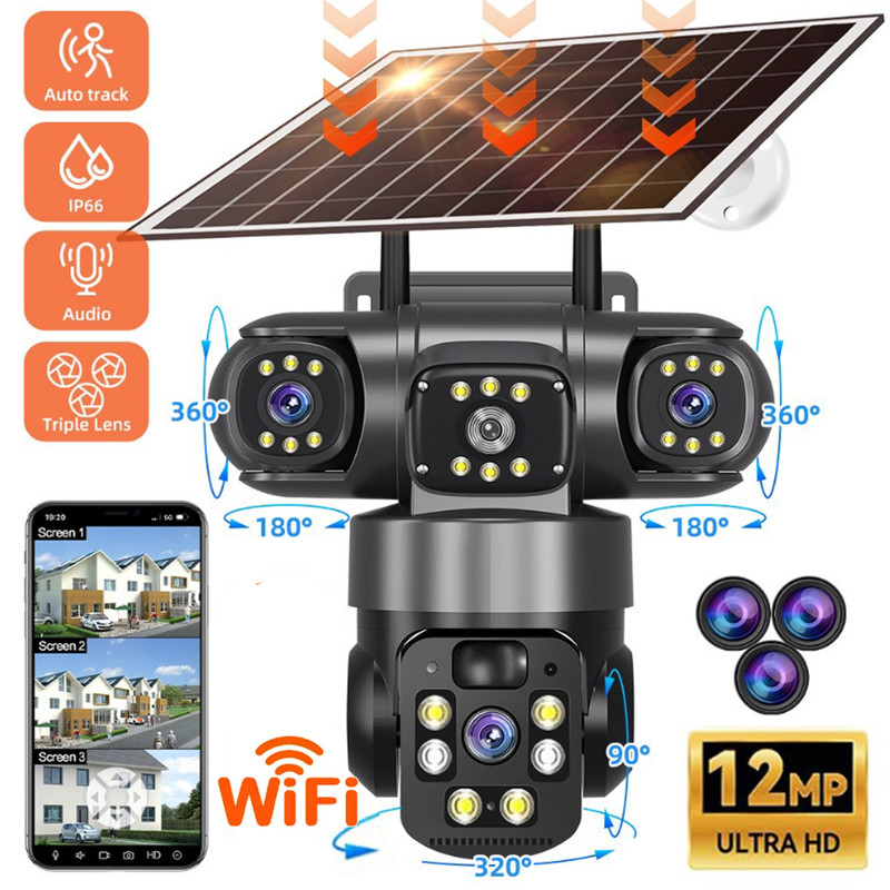 3 Lens Solar Camera 12MP Battery Home Security Outdoor Wifi Night Vision Camera