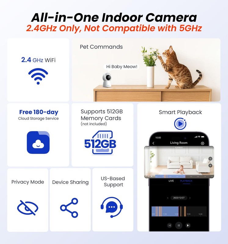 Veise 2K Indoor Security Camera 2.4GHz, 360° Pan/Tilt Pet Camera with Motion Tra gallery