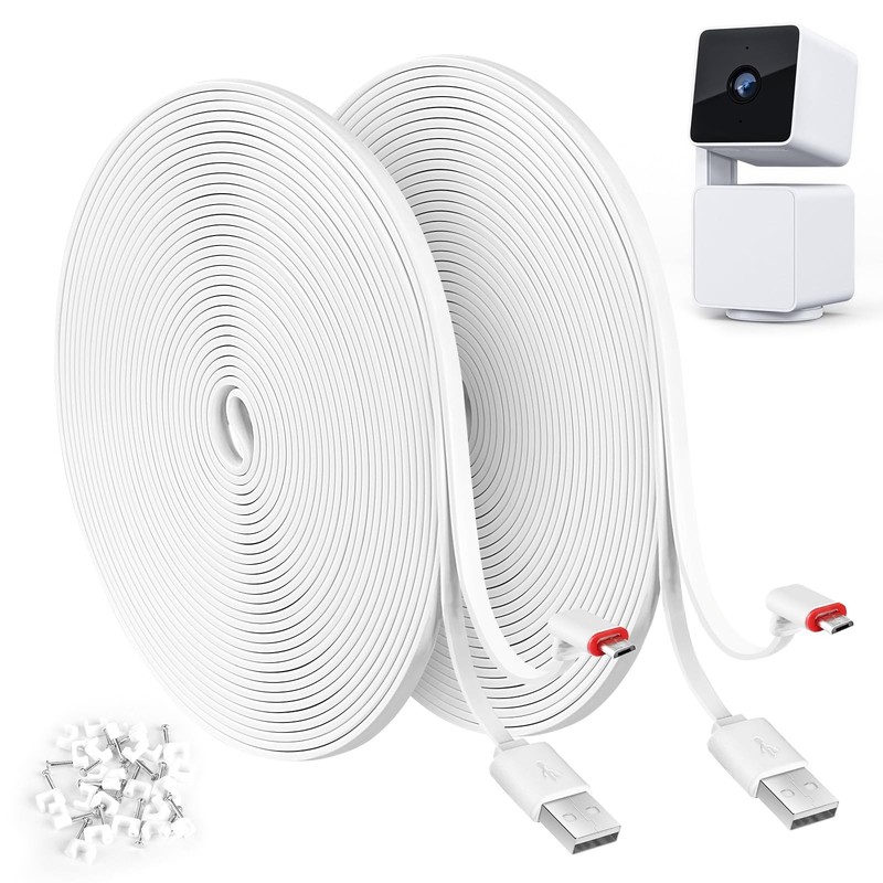2 Pack 25FT Power Extension Cable Compatible with WYZE Cam Pan 25 feet, White