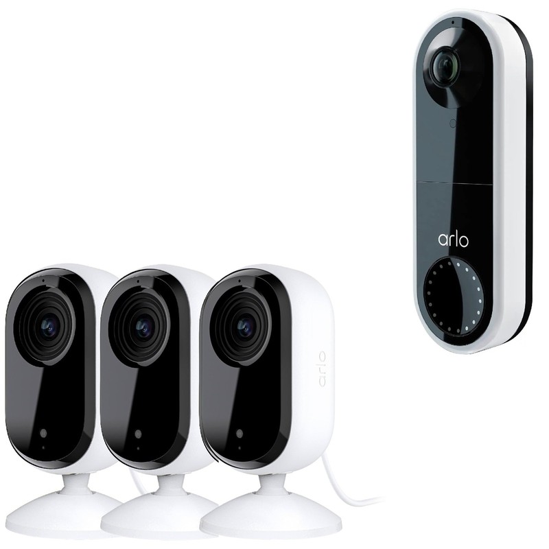 Arlo Essential Wired Doorbell White and 3 Pack Indoor Camera Starter Kit gallery