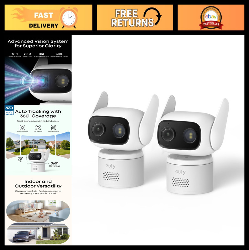 Indoor/Outdoor Security Camera 2-Pack, IP66, Color Night Vision, 360° Pan/Tilt,