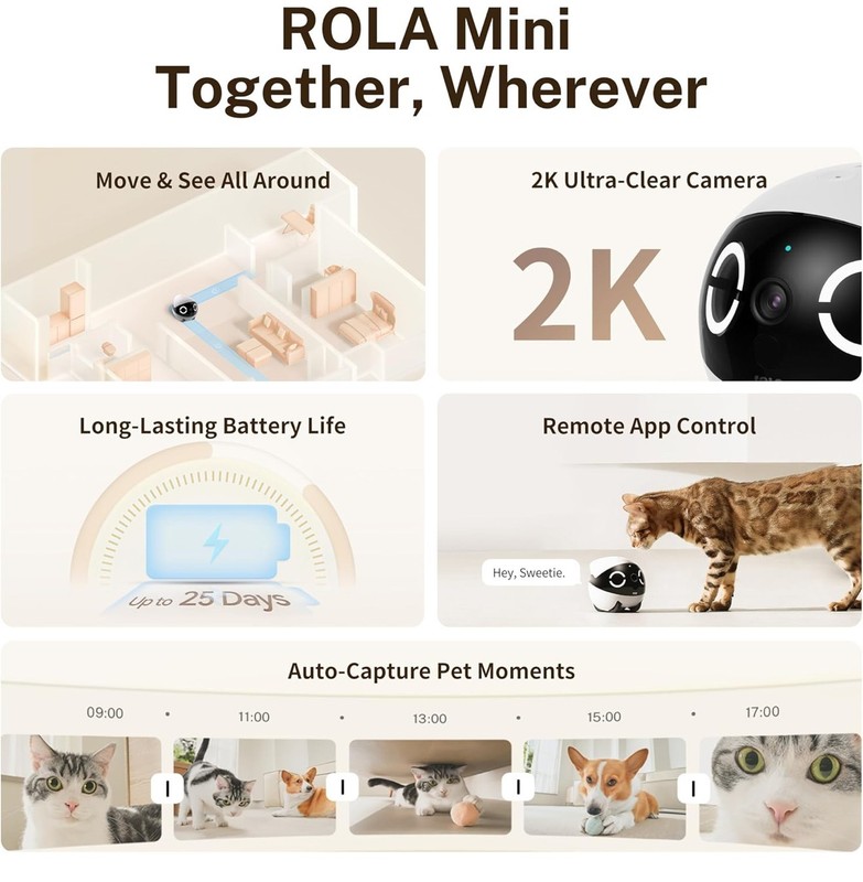 Mini 2K Pet Camera Robot,Movable Indoor Camera Battery-Powered with Phone App gallery