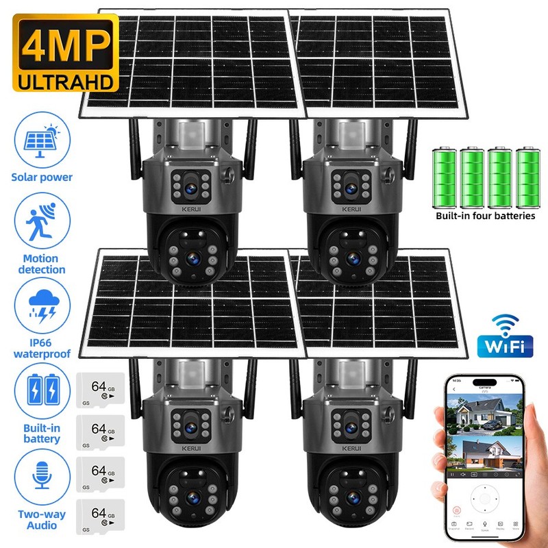 4Pack 4MP WIFI Pan/Tilt Home Security Camera Outdoor Solar Battery Home (64G)