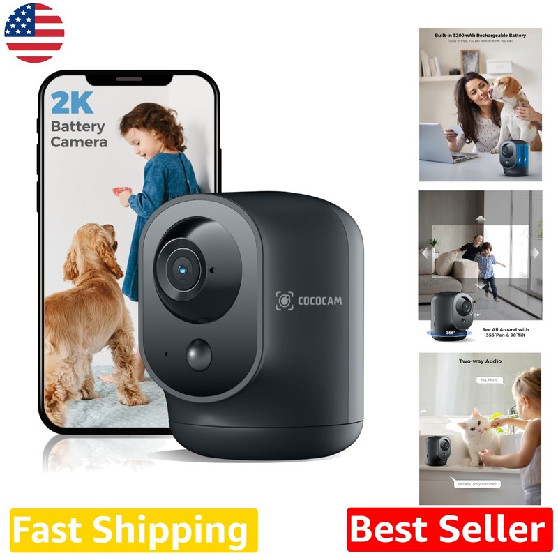 Indoor PTZ Security Camera, 2K HD, 5200mAh Battery, Two-Way Audio, App Control