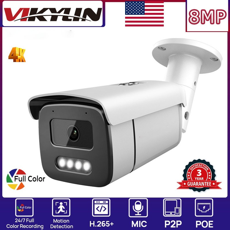 VIKYLIN 24h Full Color Bullet POE Onvif 8MP 4K security camera Mic Outdoor Lot gallery