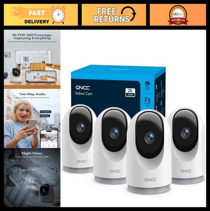 4-Pack 2K Indoor Security Cameras, 360° Motion Detection, Night Vision, Two-Way