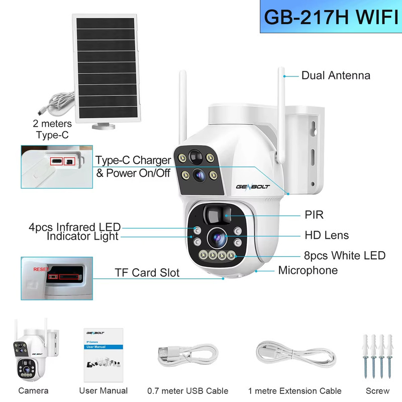 Wifi Solar Camera Dual Len 2.5K Outdoor Wireless IP Camera PIR Night Vision CCTV