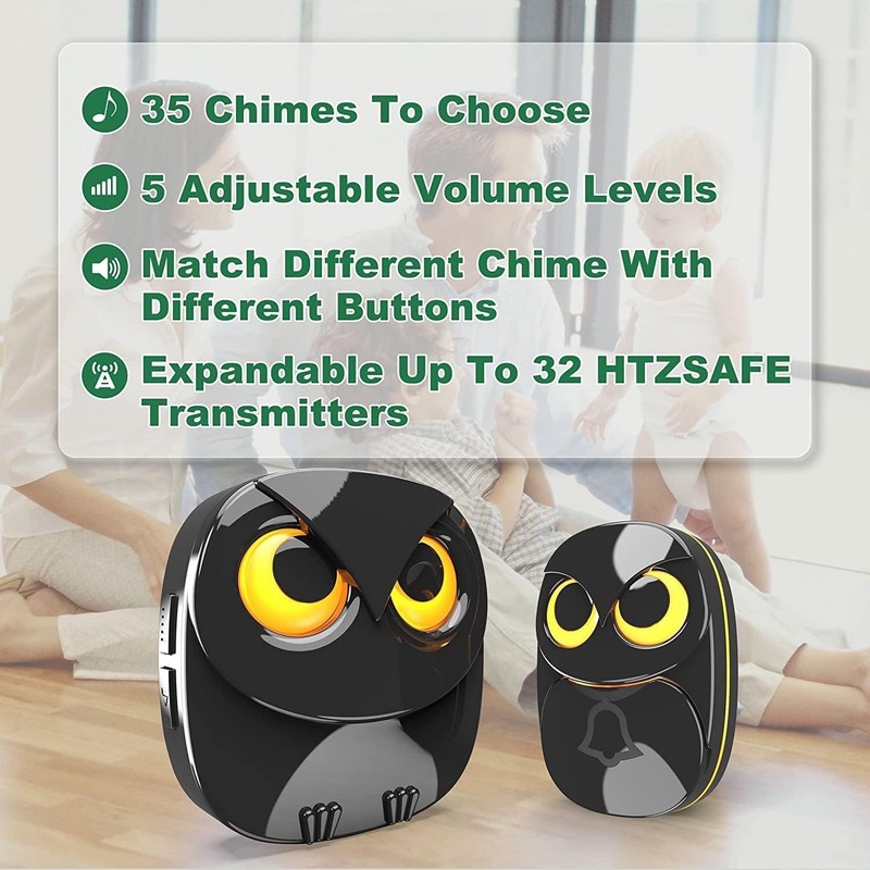 Wireless Doorbell, Cute Owl Doorbell 1 Receiver + 1 Transmitter - Black gallery