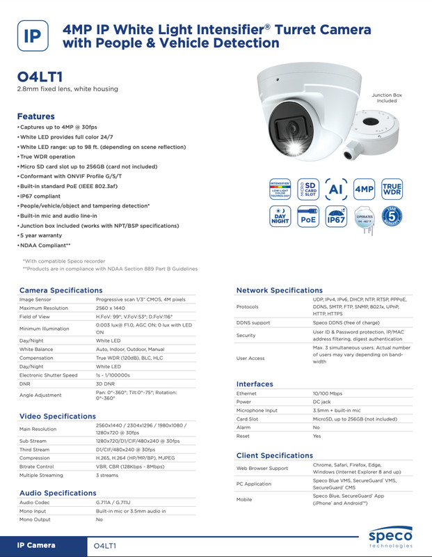 Speco O4LT1 4MegaPix IP Advanced Analytics Turret Cam, White Light Intensifier