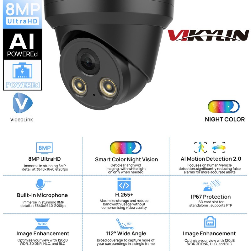 VIKYLIN Turret POE Full Color 5MP/8MP 4K IP CAMERA MIC Black Factory Direct CCTV gallery
