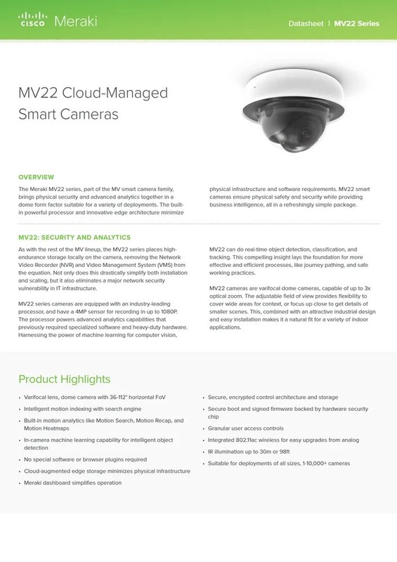 Cisco Meraki MV22 Varifocal IP Security Dome Camera Unclaimed gallery