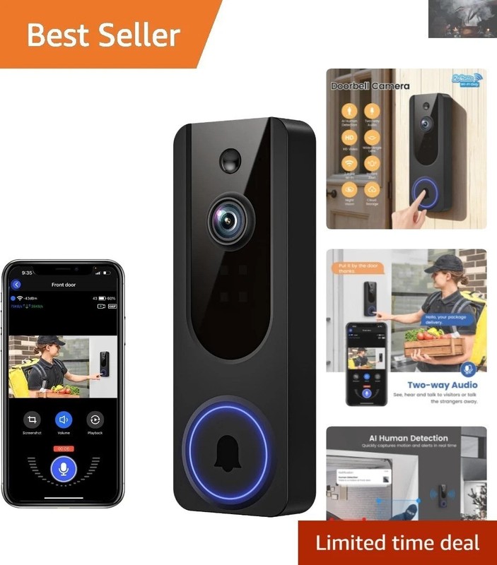 1080p Wireless WiFi Video Doorbell with AI Detection & Night Vision – Black