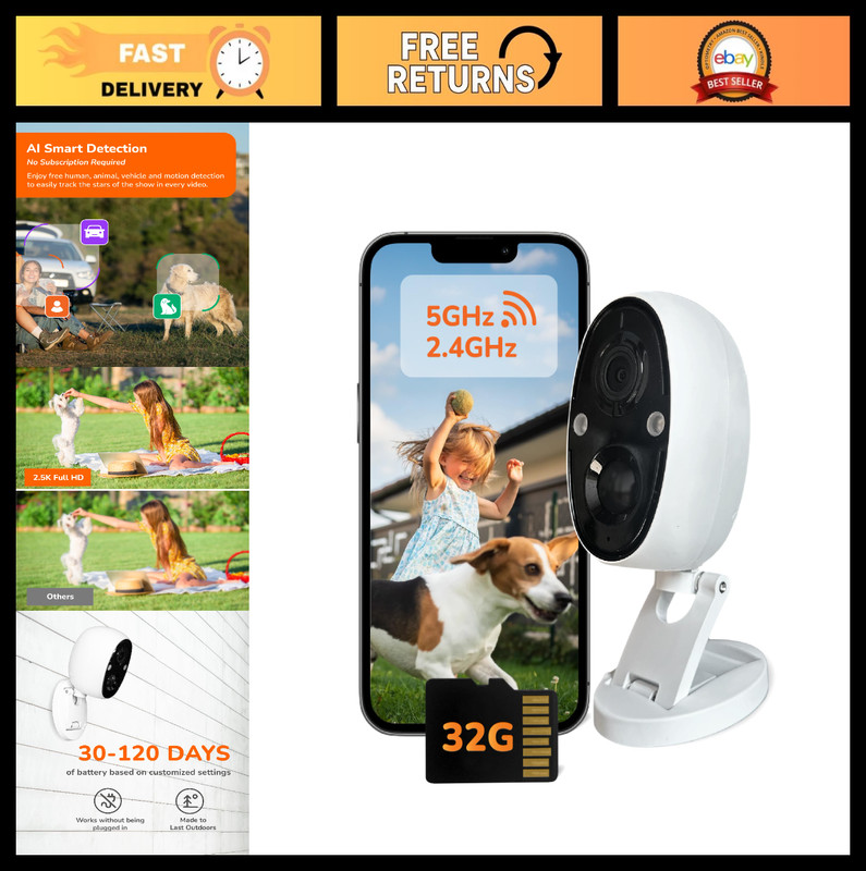 2.5K Indoor Outdoor Battery Security Camera, Dual-Band WiFi, AI Human & Pet Dete