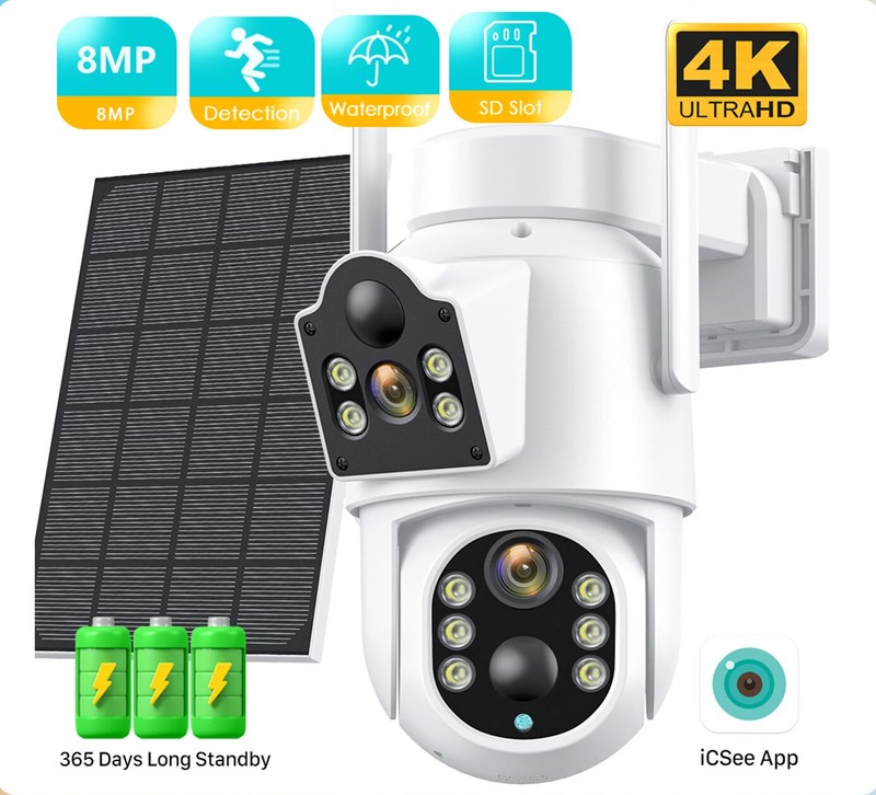 8MP 4K Solar IP Camera Outdoor 4MP 2 Lens WiFi Solar Panel CCTV Security Camara